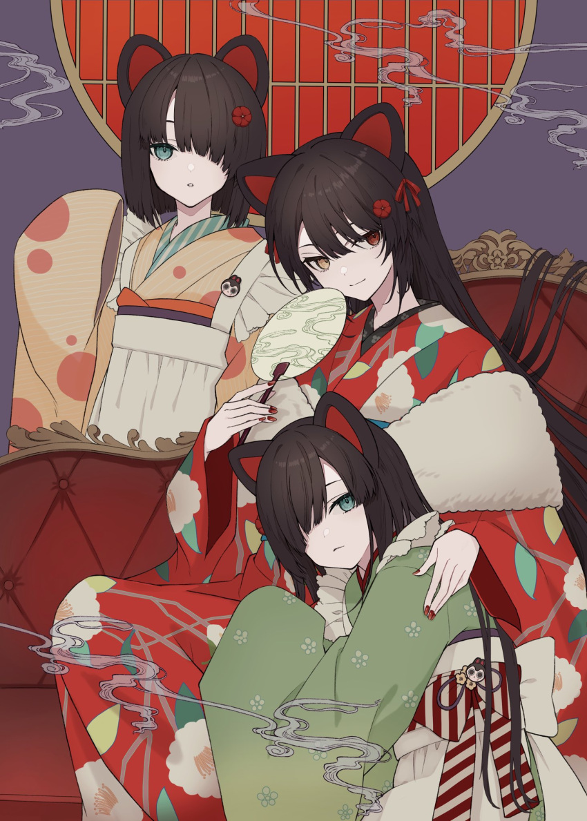 3girls, animal_ears, apron, ban_(inui_toko), blunt_bangs, bow, brown_hair, commentary, couch, dog_ears, floral_print, flower, fur_shawl, fusuma, green_eyes, green_kimono, hair_flower, hair_ornament, hair_over_one_eye, hand_fan, hand_on_another's_shoulder, haruwo, heterochromia, highres, inui_toko, inui_toko_(4th_costume), japanese_clothes, ken_(inui_toko), kimono, leaning_on_person, long_hair, looking_at_viewer, maid, multiple_girls, nijisanji, official_alternate_costume, official_alternate_hair_length, official_alternate_hairstyle, on_couch, one_eye_covered, parted_lips, red_eyes, red_flower, red_kimono, shawl, siblings, sidelocks, sitting, sleeves_past_fingers, sleeves_past_wrists, sliding_doors, smile, smoke, standing, striped_bow, twins, vertical-striped_bow, virtual_youtuber, wa_maid, waist_apron, yellow_eyes, yellow_kimono