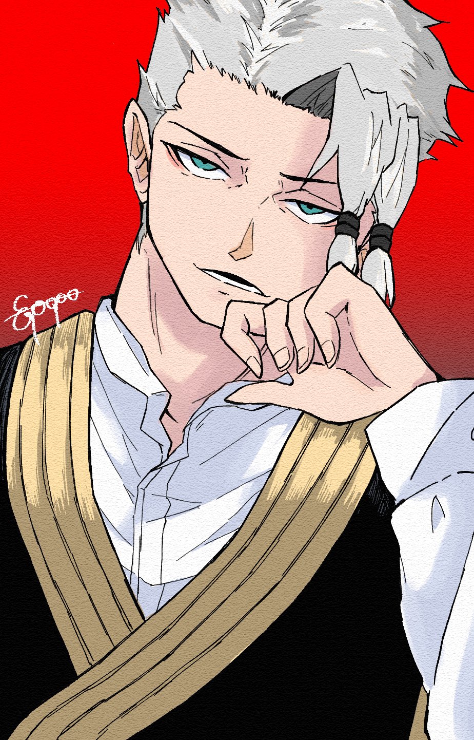 1boy, black_vest, blue_eyes, ebponpoa13, grey_hair, hand_up, highres, kagurabachi