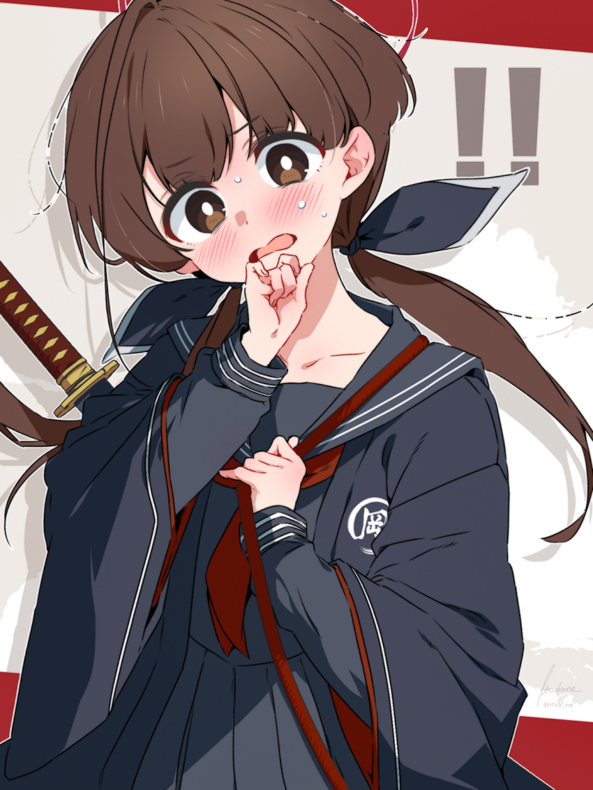 !, !!, 1girl, black_serafuku, black_shirt, blush, bright_pupils, brown_eyes