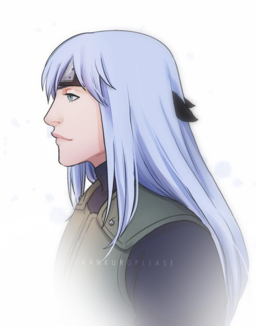1boy, artist_name, blue_eyes, blue_hair, closed_mouth, commentary, english_commentary, flak_jacket, forehead_protector, from_side, green_jacket, highres, jacket, kankuroplease, katou_dan, light_blue_hair, long_hair, male_focus, naruto, naruto_(series), ninja, simple_background, smile, solo, uniform, white_background