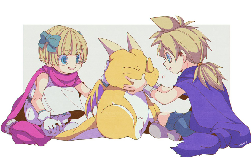 1boy, 1girl, 29qmatatavi, blonde_hair, blue_cape, blue_eyes, blue_tunic, blunt_bangs