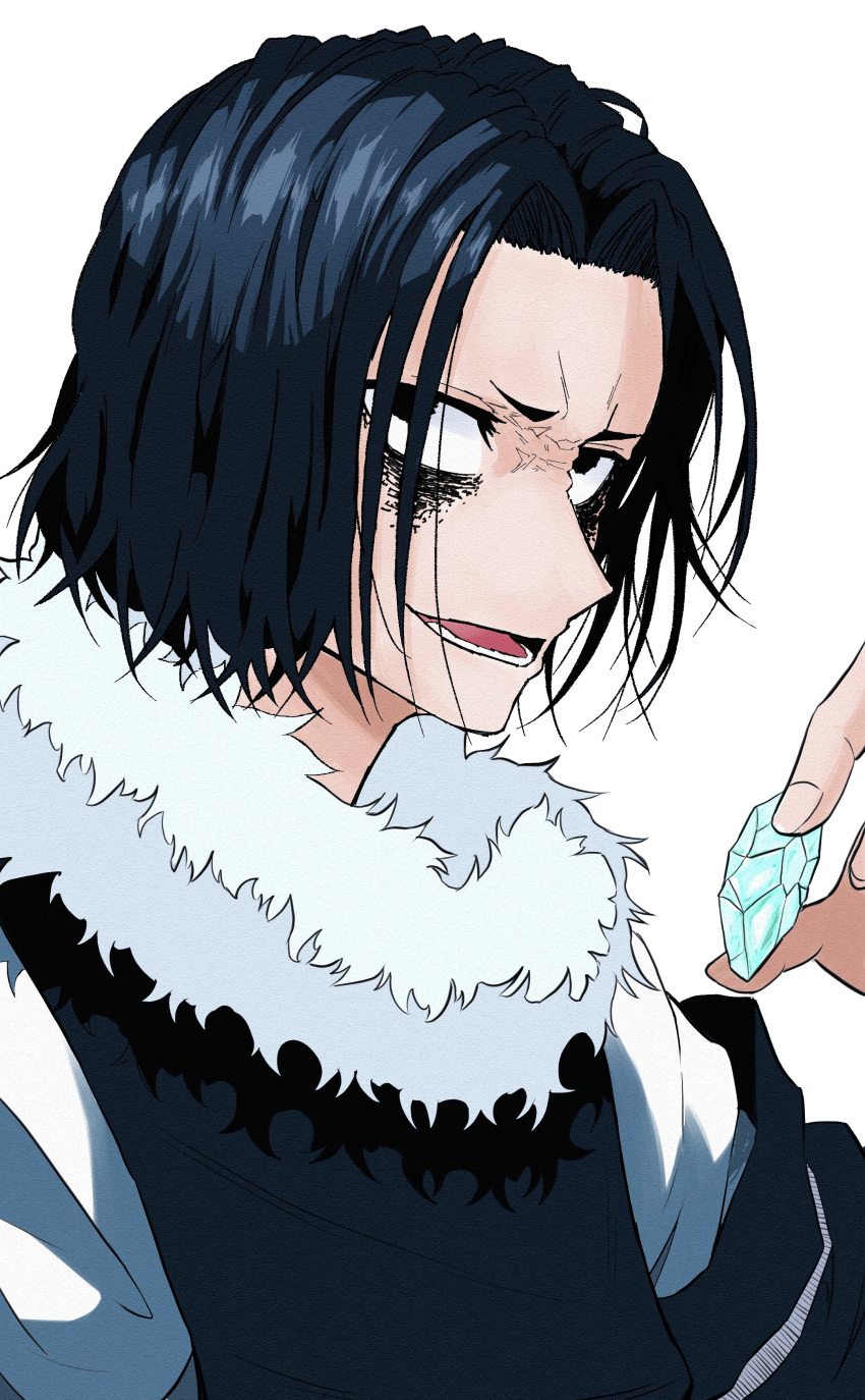 1boy, absurdres, bags_under_eyes, black_eyes, black_hair, ebponpoa13, fur_trim, gem