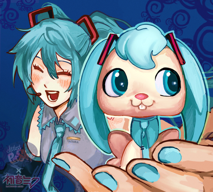 1girl, animalization, aqua_hair, aqua_nails, aqua_necktie, black_sleeves, blue_background, blush