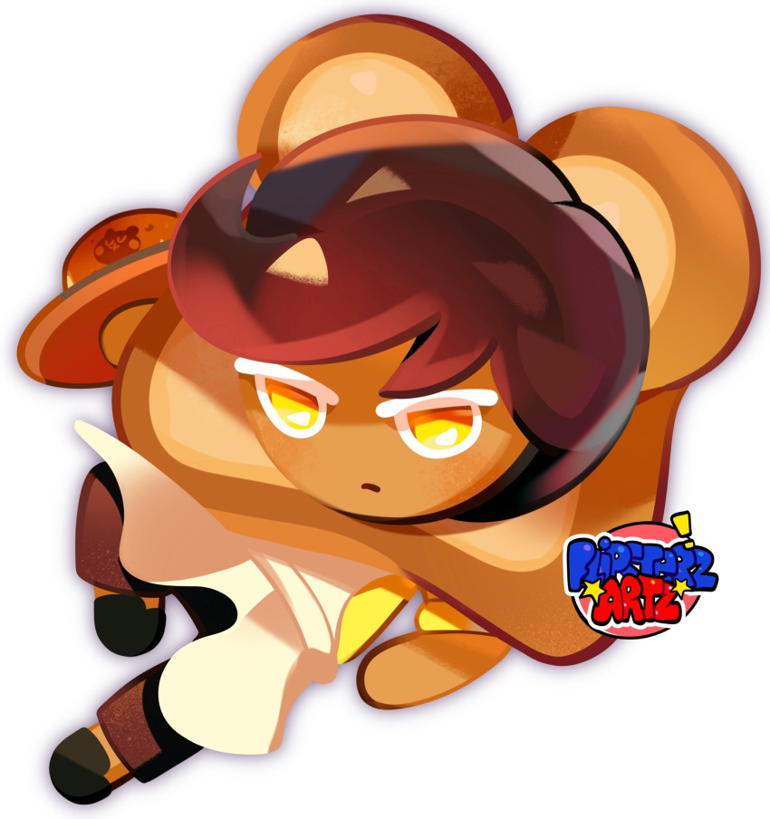 1boy, apron, biscuit_(omori), bread, brown_footwear, brown_hair, brown_pants, closed_mouth