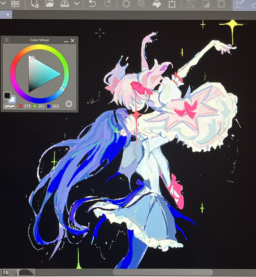 2girls, akemi_homura, akemi_homura_(magical_girl), arms_up, black_background, black_hair, black_hairband, black_pantyhose