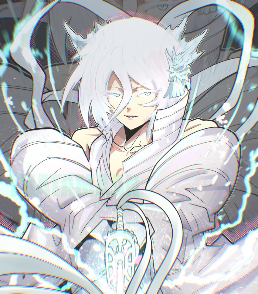 1girl, artist_name, bankai, bare_shoulders, bleach, bleach:_sennen_kessen-hen, bright_pupils, collarbone, collared_dress, colored_eyelashes, commentary, double-parted_bangs, dress, floating_hair, hair_between_eyes, hair_ornament, hakka_no_togame_(bankai), highres, holding, holding_sword, holding_weapon, ice, kanzashi, kuchiki_rukia, lips, long_sleeves, looking_at_viewer, parted_lips, pointing, pointing_at_viewer, ribbon, short_hair, smile, solo, straight-on, sword, thatamaan, tsurime, upper_body, v-shaped_eyebrows, watermark, weapon, white_dress, white_eyes, white_hair, white_pupils, white_ribbon, wide_sleeves, zoom_layer