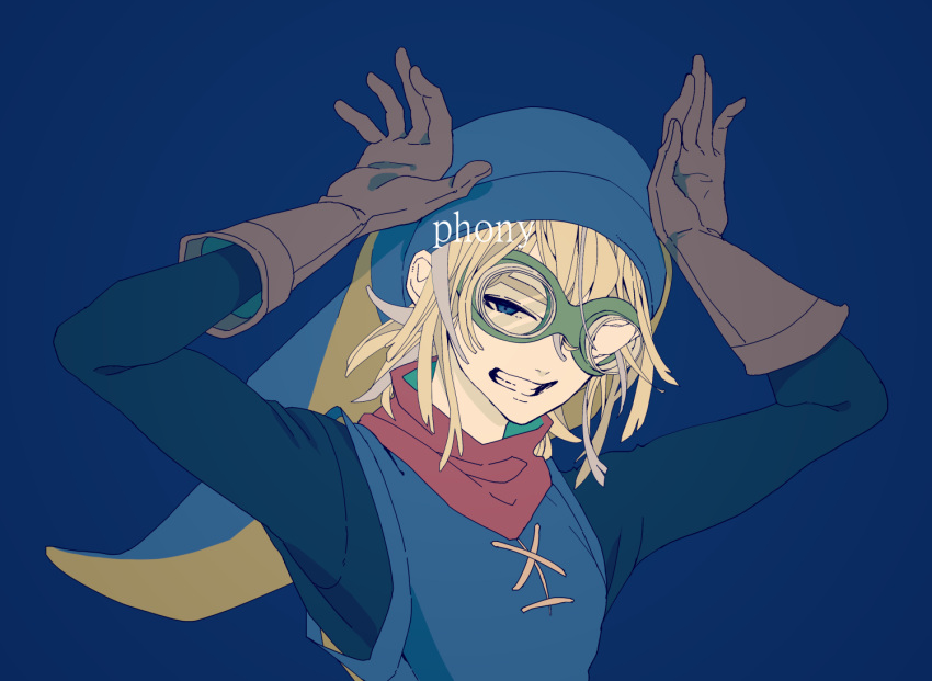1boy, black_sleeves, blonde_hair, blue_background, blue_eyes, blue_hat, blue_tunic, brown_gloves