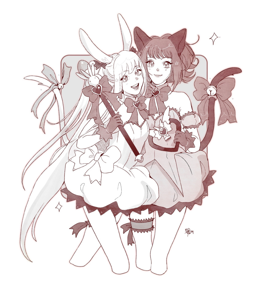 2girls, animal_ears, bow, bridal_garter, cat_ears, cat_girl, cat_tail, dress, highres, looking_at_viewer, magical_girl, mew_berry, mew_ichigo, momomiya_ichigo, monochrome, multiple_girls, rabbit_ears, rabbit_girl, shirayuki_berry, sketch, smile, snoopshomaru, standing, strawbell_bell, tail, tail_bow, tail_ornament, tokyo_mew_mew, tokyo_mew_mew_a_la_mode
