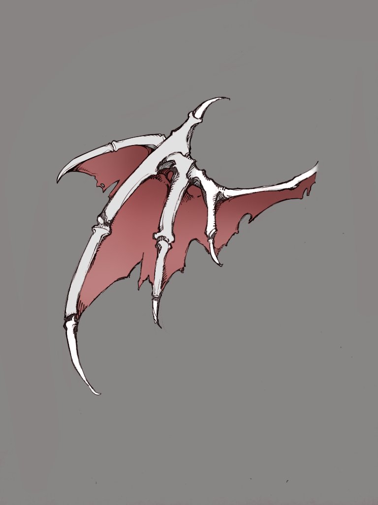 bolos, commentary, demon_wings, grey_background, no_humans, red_wings, simple_background, torn_wings