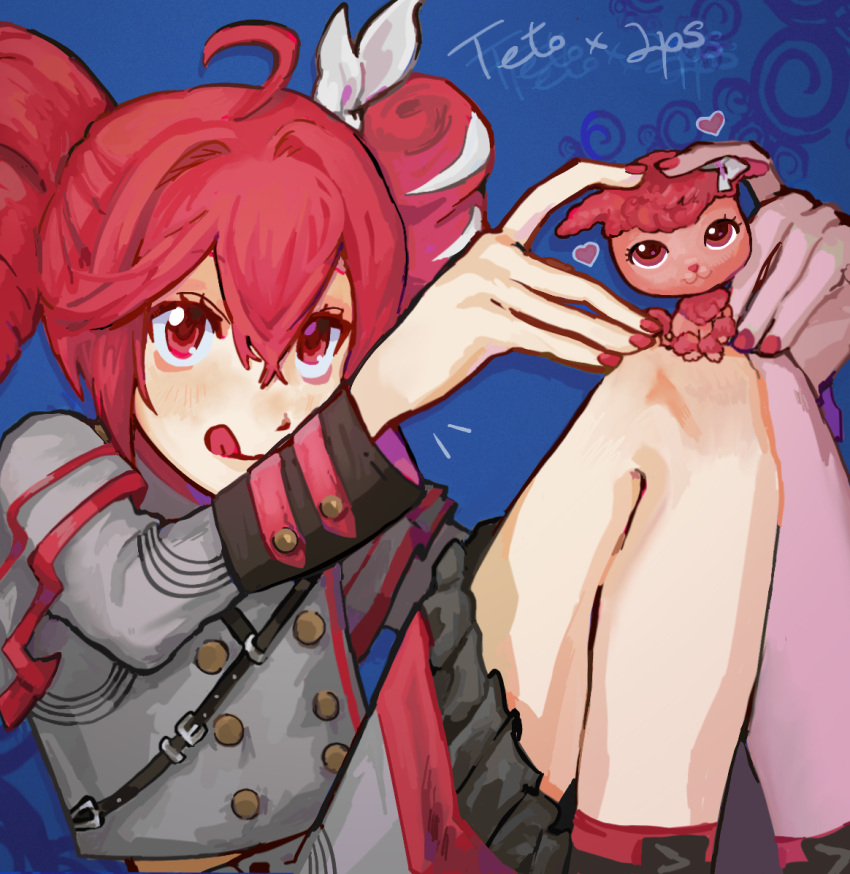 1girl, ahoge, animalization, blue_background, blush, buttons, coat, commentary
