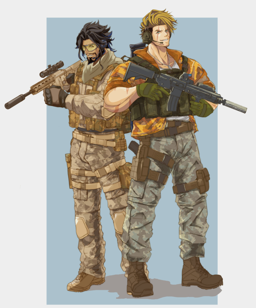 2boys, alternate_costume, arms_up, belt, black_gloves, blonde_hair, blue_eyes, boots