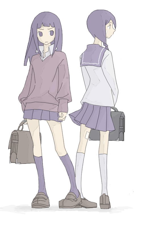 back-to-back, bandage, bandages, bangs, black_hair, blunt_bangs, braid, creator_connection