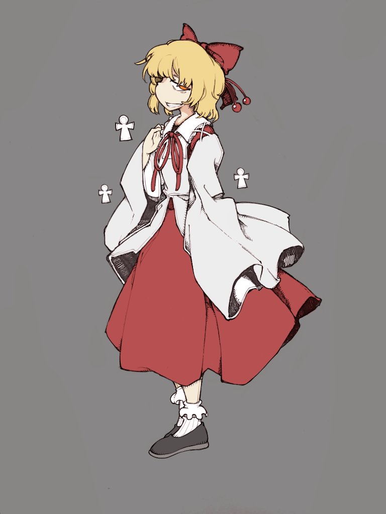 1girl, black_footwear, blonde_hair, bolos, bow, collared_shirt, commentary, detached_sleeves, frilled_shirt_collar, frilled_socks, frills, full_body, grey_background, grin, hair_bow, hand_on_own_chest, layered_sleeves, long_skirt, long_sleeves, neck_ribbon, orange_eyes, paper_doll, pleated_skirt, pleated_sleeves, red_bow, red_ribbon, red_skirt, ribbon, satsuki_rin, shirt, shoes, short_hair, simple_background, skirt, sleeves_past_fingers, sleeves_past_wrists, smile, socks, solo, standing, tachi-e, touhou, white_shirt, white_socks, wide_sleeves