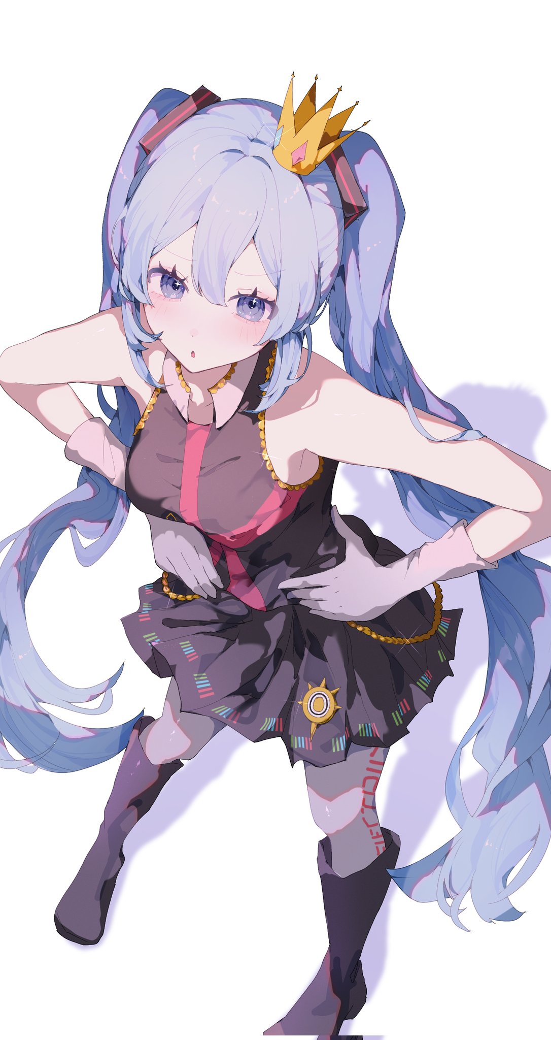 1girl, aqua_eyes, aqua_hair, bare_shoulders, black_footwear, black_skirt, blue_eyes, blue_hair, blush, boots, breasts, crown, gloves, hair_between_eyes, hair_ornament, hands_on_own_hips, hatsune_miku, highres, kimagure_mercy_(vocaloid), knee_boots, leaning_forward, long_hair, looking_at_viewer, medium_breasts, mini_crown, miniskirt, pantyhose, pigeon-toed, pleated_skirt, shirt, simple_background, skirt, sleeveless, sleeveless_shirt, solo, twintails, very_long_hair, vocaloid, white_background, white_gloves, white_pantyhose, yuyufufu