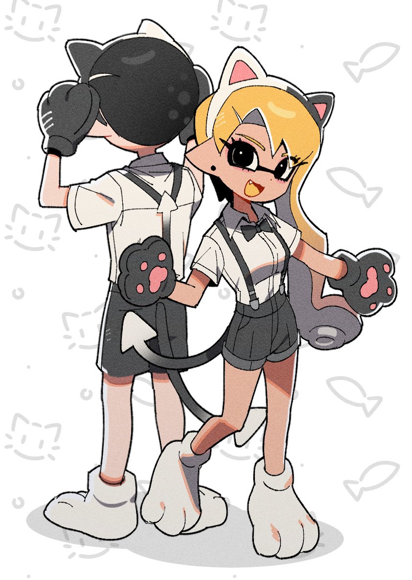 1boy, 1girl, :3, animal_ear_hairband, animal_ears, animal_hands, black_bow, black_bowtie, black_eyes, black_gloves, black_hair, black_shorts, bow, bowtie, cat_ears, cat_tail, collared_shirt, colored_tongue, cosplay, earrings, facing_away, fake_animal_ears, fake_tail, fang, film_grain, full_body, gloves, hairband, hg_swdiary, inkling, inkling_boy, inkling_girl, inkling_player_character, jewelry, judd_(splatoon), judd_(splatoon)_(cosplay), long_hair, looking_at_viewer, open_mouth, orange_hair, orange_tongue, paw_gloves, paw_shoes, pointy_ears, shirt, short_hair, short_sleeves, shorts, splatoon_(series), splatoon_3, suction_cups, suspender_shorts, suspenders, tail, tentacle_hair, wavy_hair, white_footwear, white_shirt
