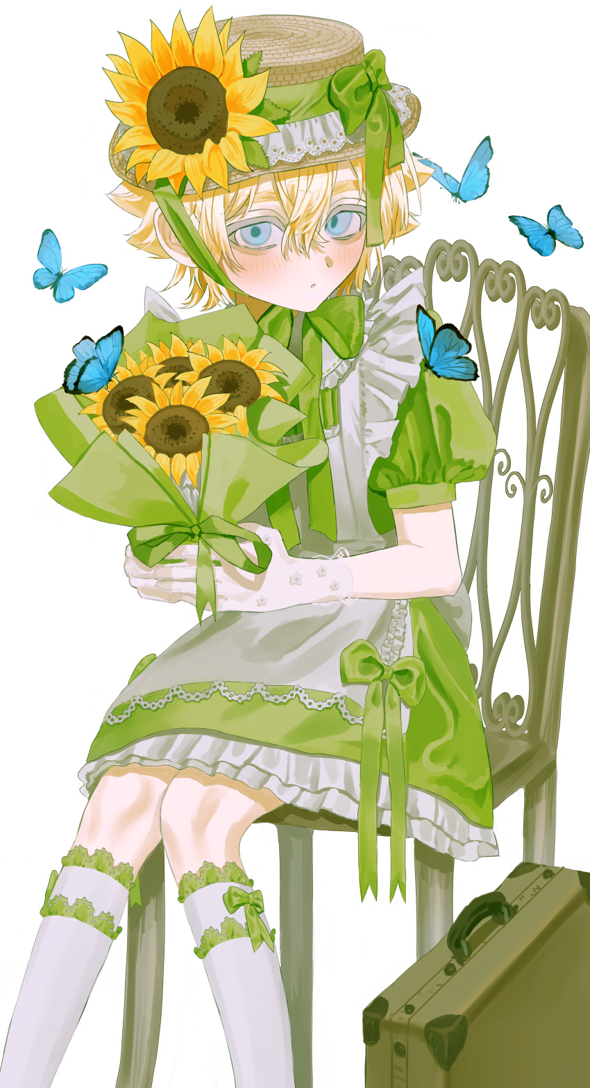 1boy, absurdres, aegyo_sal, alternate_costume, basil_(faraway)_(omori), basil_(omori), blonde_hair, blue_butterfly, blue_eyes, blush, bouquet, bow, bug, butterfly, chair, closed_mouth, crossdressing, dress, flower, girly_boy, gloves, green_bow, green_dress, green_ribbon, hat, hat_bow, hat_ribbon, highres, holding, holding_bouquet, kneehighs, lifejam_403, looking_at_viewer, male_focus, omori, puffy_short_sleeves, puffy_sleeves, ribbon, short_hair, short_sleeves, simple_background, sitting, socks, solo, sunflower, teenage, trap, white_background, white_gloves, white_socks, young