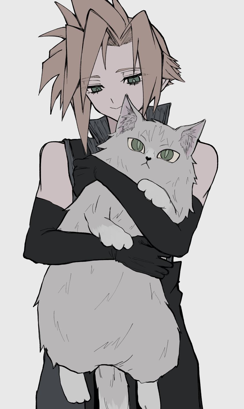 1boy, absurdres, animal, animalization, black_gloves, blonde_hair, cat, cloud_strife