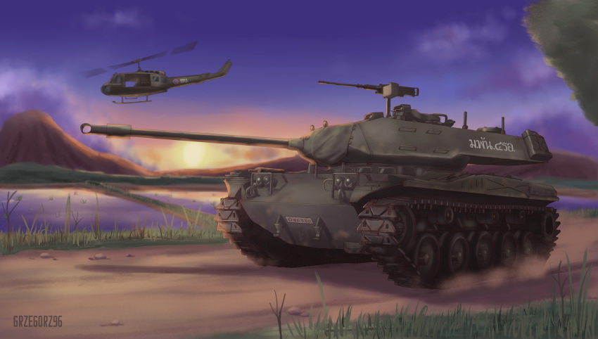 absurdres, aircraft, dust, grzegorz1996, gun, helicopter, highres, m41_walker_bulldog, machine_gun, military, military_vehicle, motor_vehicle, mountain, no_humans, original, rice_paddy, royal_thai_army, sunrise, tank, thai_text, thailand, uh-1_iroquois, weapon