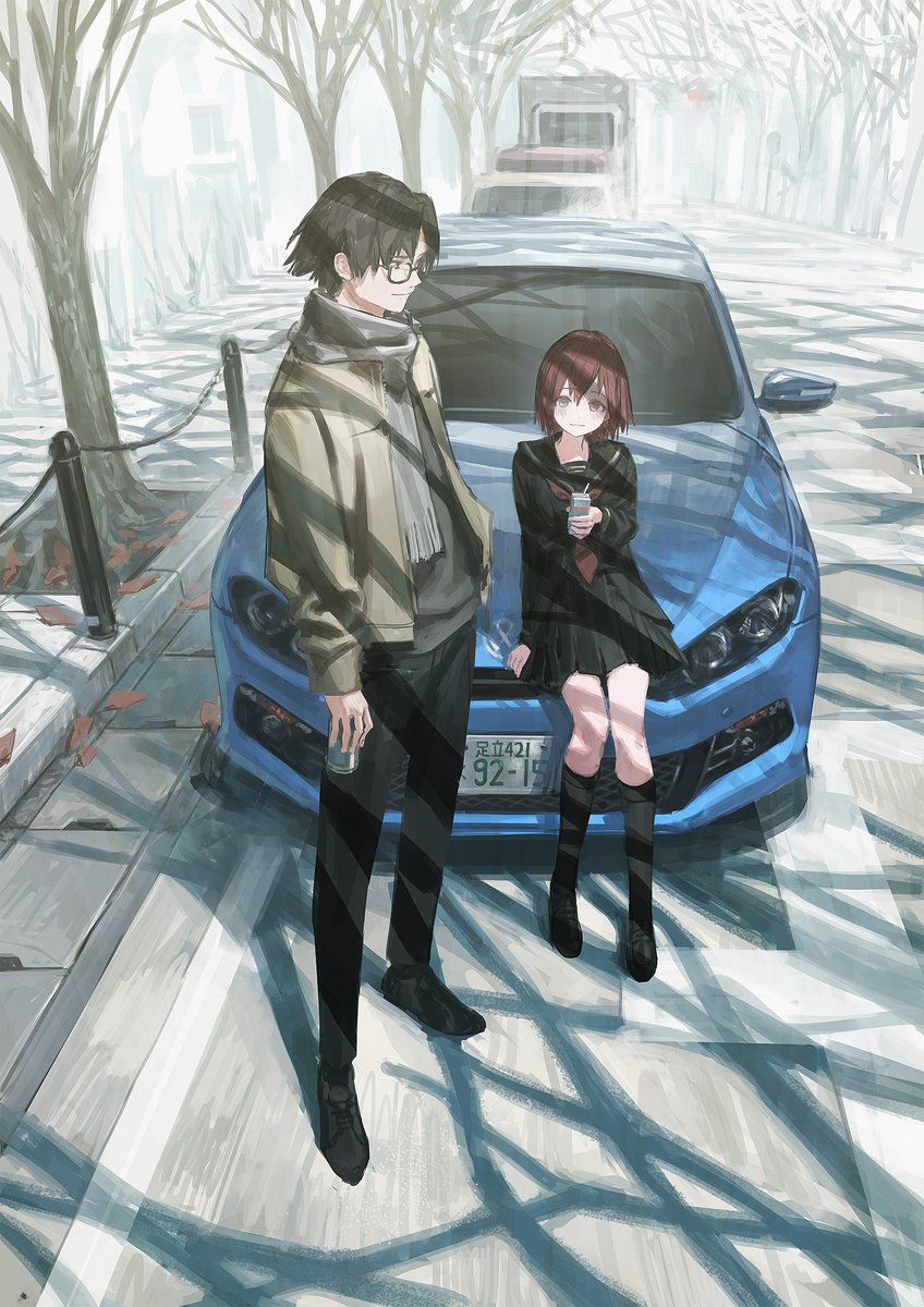 1boy, 1girl, autumn, autumn_leaves, bare_tree, black-framed_eyewear, black_footwear, black_hair