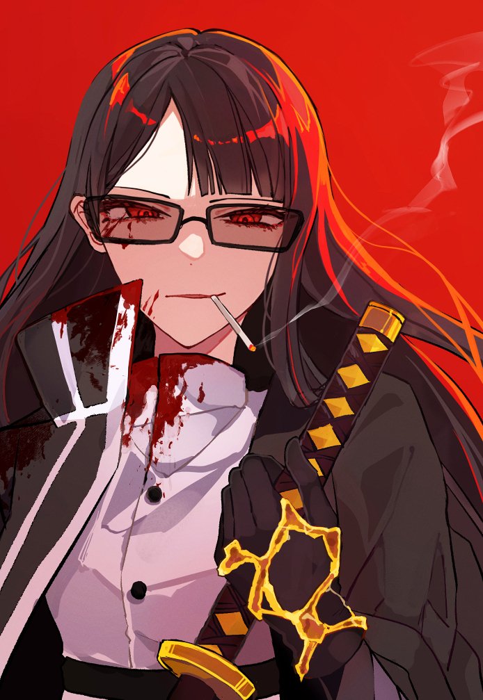 1girl, black-framed_eyewear, black_gloves, black_hair, blood, blood_on_clothes, blood_on_face, contempt_awe_(e.g.o)