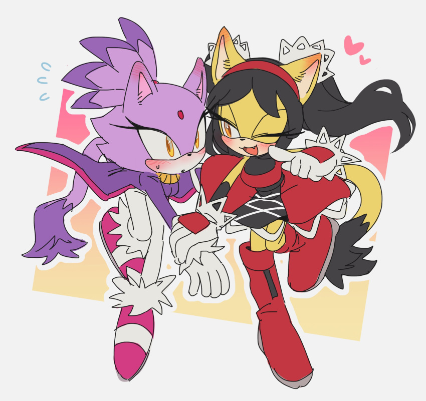 2girls, animal_ears, black_hair, blaze_the_cat, blush, cat_ears, cat_girl, cat_tail