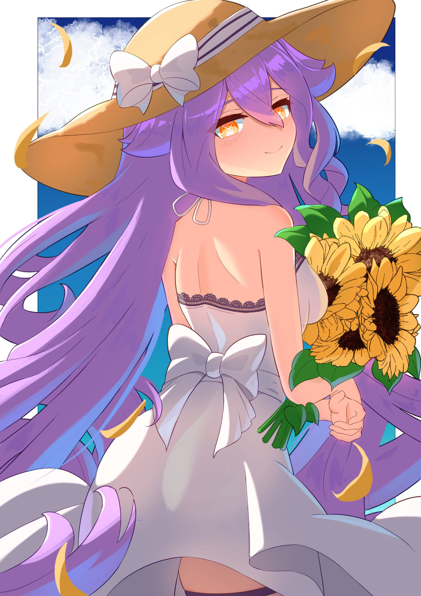 1girl, absurdres, alternate_costume, blue_sky, bow, closed_mouth, commentary_request, dress