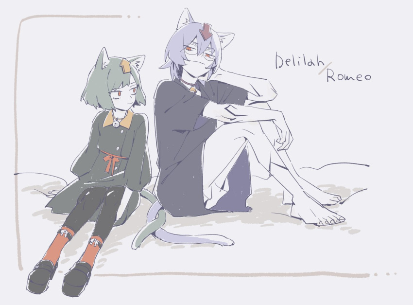 1boy, 1girl, animal_ear_fluff, animal_ears, arm_around_leg, arm_behind_head, arm_rest, arm_up