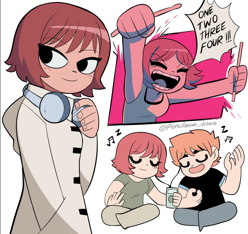 1boy, 1girl, absurdres, beamed_sixteenth_notes, black_eyes, breasts, brown_hair, coat