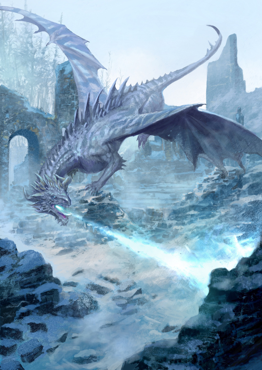 andrea_piparo, animal_focus, blue_fire, blue_sky, breath_weapon, breathing_fire, commentary, day