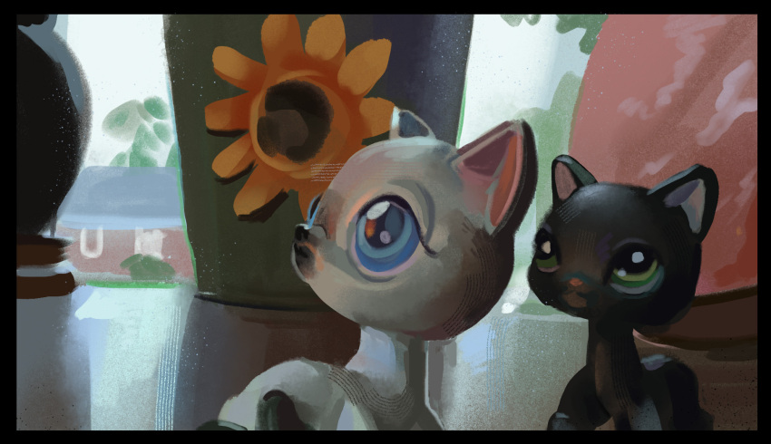 art_study, black_border, blue_eyes, border, cat, commentary, english_commentary, green_eyes, highres, littlest_pet_shop, lps_cat_336, lps_cat_5, no_humans, object_focus, painterly, starpaw0007, still_life, toy, vase
