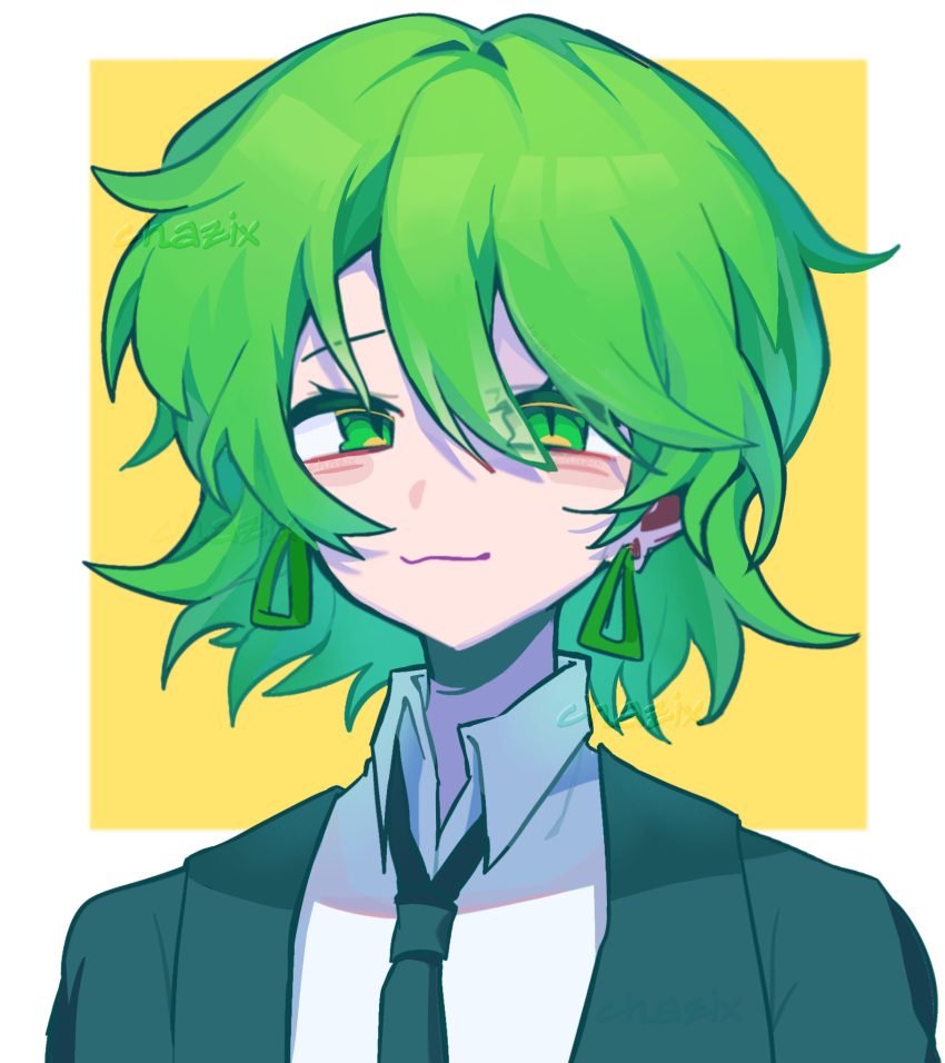 16personalities, 1girl, border, campaigner_(16personalities), chazix, chinese_commentary, collared_shirt, commentary_request, earrings, green_eyes, green_hair, green_theme, highres, jewelry, looking_at_viewer, myers-briggs_type_indicator, necktie, personification, shirt, short_hair, simple_background, solo, suit, upper_body, watermark, white_border, yellow_background