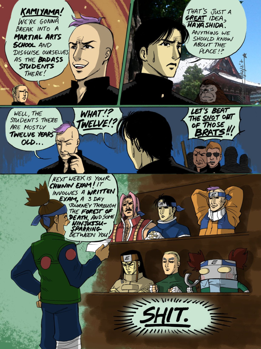 akimichi_chouji_(cosplay), arms_behind_head, artist_request, chest_hair, clenched_hands, comic, cosplay, crossover