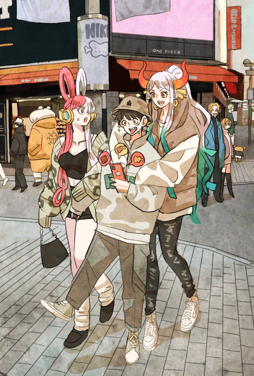 3girls, 6+boys, antlers, bear, bepo, blonde_hair, blue_coat, blue_hair, coat, commentary_request, earrings, food, full_body, green_hair, hair_ornament, hat, headphones, heart_pirates_jolly_roger, highres, holding, holding_phone, horns, hug, hug_from_behind, jewelry, koala_(one_piece), laughing, meat, monkey_d._luffy, multicolored_hair, multiple_boys, multiple_girls, one_piece, phone, ponytail, redhead, reindeer_antlers, road, roronoa_zoro, sabo_(one_piece), scar, scar_on_face, short_shorts, shorts, sidelocks, smile, street, sweatdrop, takeuchi_ryousuke, tony_tony_chopper, trafalgar_law, two-tone_hair, uta_(one_piece), violet_eyes, white_hair, yamato_(one_piece)