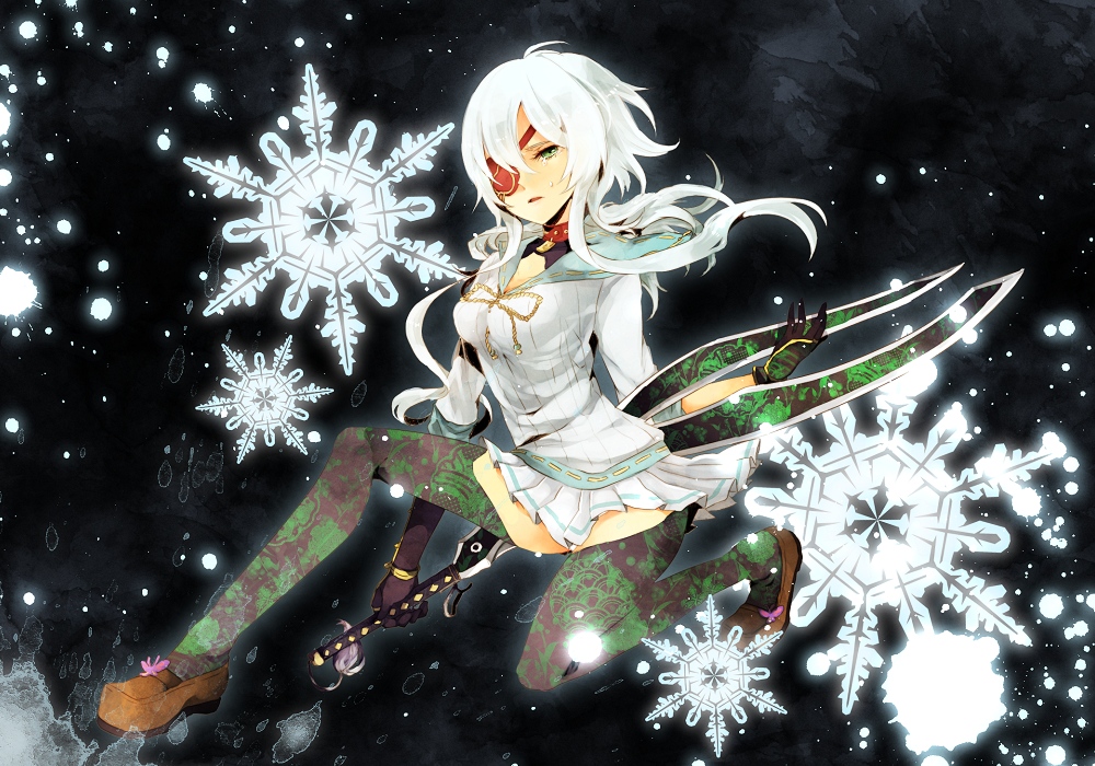 eyepatch, gloves, green_legwear, hyakka_ryouran_samurai_girls, long_hair, miniskirt, print_legwear, school_uniform