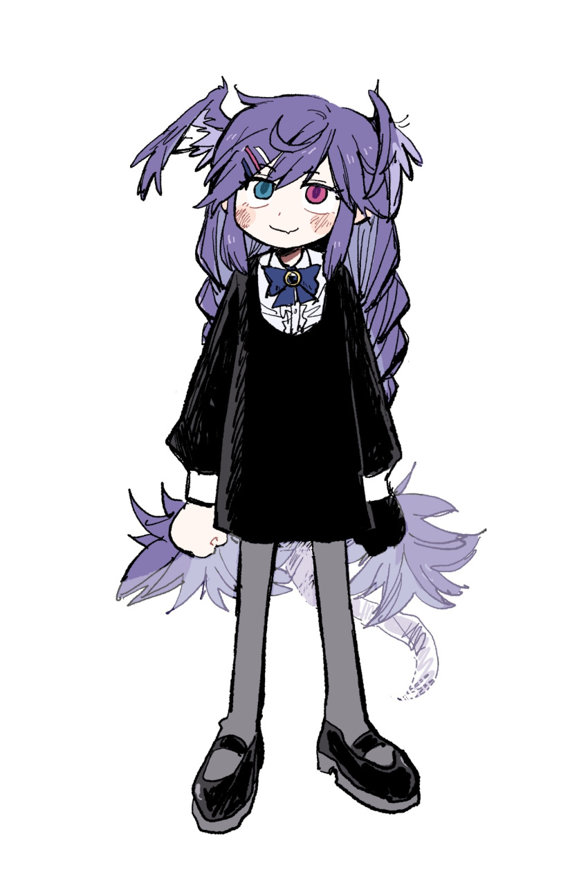 1girl, aged_down, alternate_costume, asymmetrical_arms, black_dress, black_footwear, blue_bow, blue_bowtie