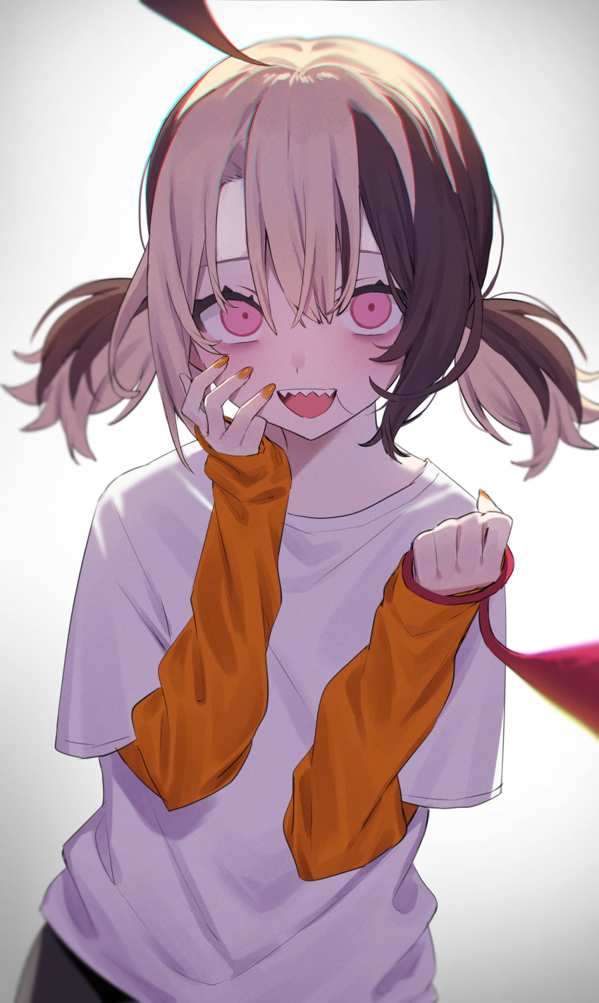 1girl, :d, absurdres, ahoge, aotake_iro, bags_under_eyes, brown_hair, commentary, english_commentary, fingernails, gigi_murin, hair_between_eyes, hand_on_own_cheek, hand_on_own_face, highres, holding, holding_leash, hololive, hololive_english, huge_ahoge, layered_sleeves, leash, light_brown_hair, long_fingernails, long_sleeves, looking_at_viewer, nail_polish, open_mouth, pink_eyes, pov, sharp_teeth, shirt, short_hair, short_over_long_sleeves, short_sleeves, simple_background, sleeves_past_wrists, smile, solo, t-shirt, teeth, tongue, twintails, two_side_up, upper_body, upper_teeth_only, viewer_on_leash, virtual_youtuber, white_background, white_shirt, yandere, yellow_nails