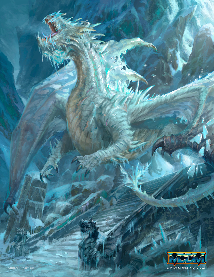 andrea_piparo, animal_focus, claws, commentary, company_name, dragon, english_commentary, fantasy, glowing, glowing_eye, highres, horns, ice, icicle, monster, no_humans, official_art, open_mouth, original, outdoors, painterly, realistic, sharp_teeth, tail, teeth, western_dragon, wings