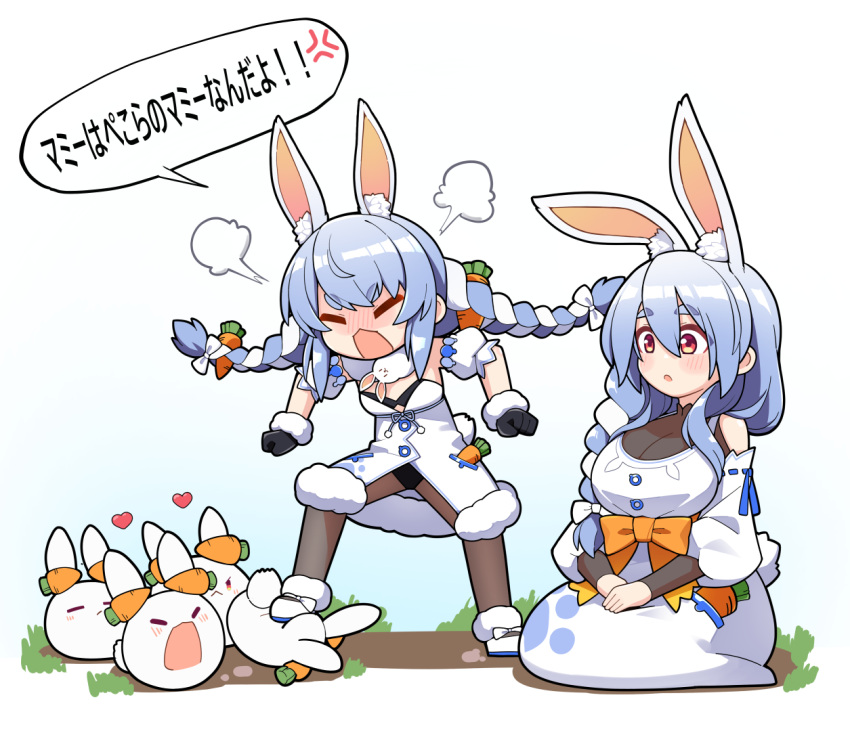 2girls, animal_ears, black_gloves, blue_hair, blush, braid, closed_eyes, detached_sleeves