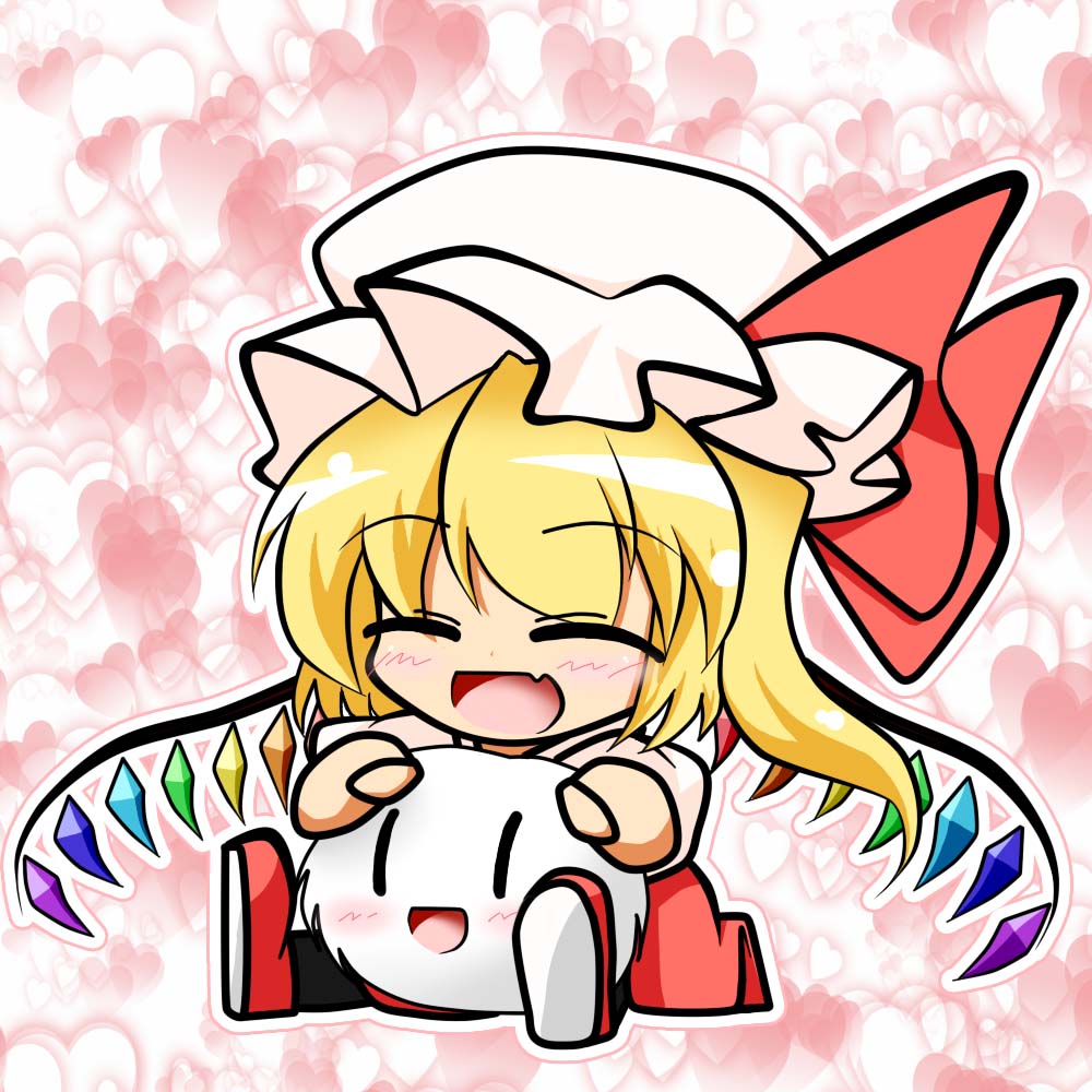 ^_^, blonde_hair, blush, bow, chibi, closed_eyes, fang, flandre_scarlet, happy, hat, hat_ribbon, heart, kedama, open_mouth, ribbon, side_ponytail, sitting, sitting_on_lap, sitting_on_person, smile, touhou, wings, yashio, |_|