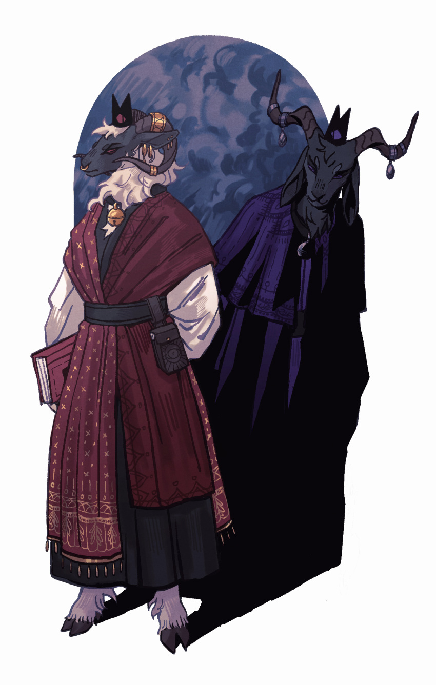 2boys, black_fur, cult_of_the_lamb, furry, furry_male, goat_boy, goat_horns, highres, hooves, horn_ornament, horn_ring, horns, looking_at_another, multiple_boys, purple_robe, red_crown_(cult_of_the_lamb), red_robe, robe, the_goat_(cult_of_the_lamb), the_lamb_(cult_of_the_lamb), valdrift, white_hair