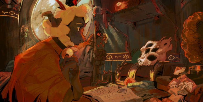 1boy, bell, book, crown, cult_of_the_lamb, furry, furry_male, goat_horns