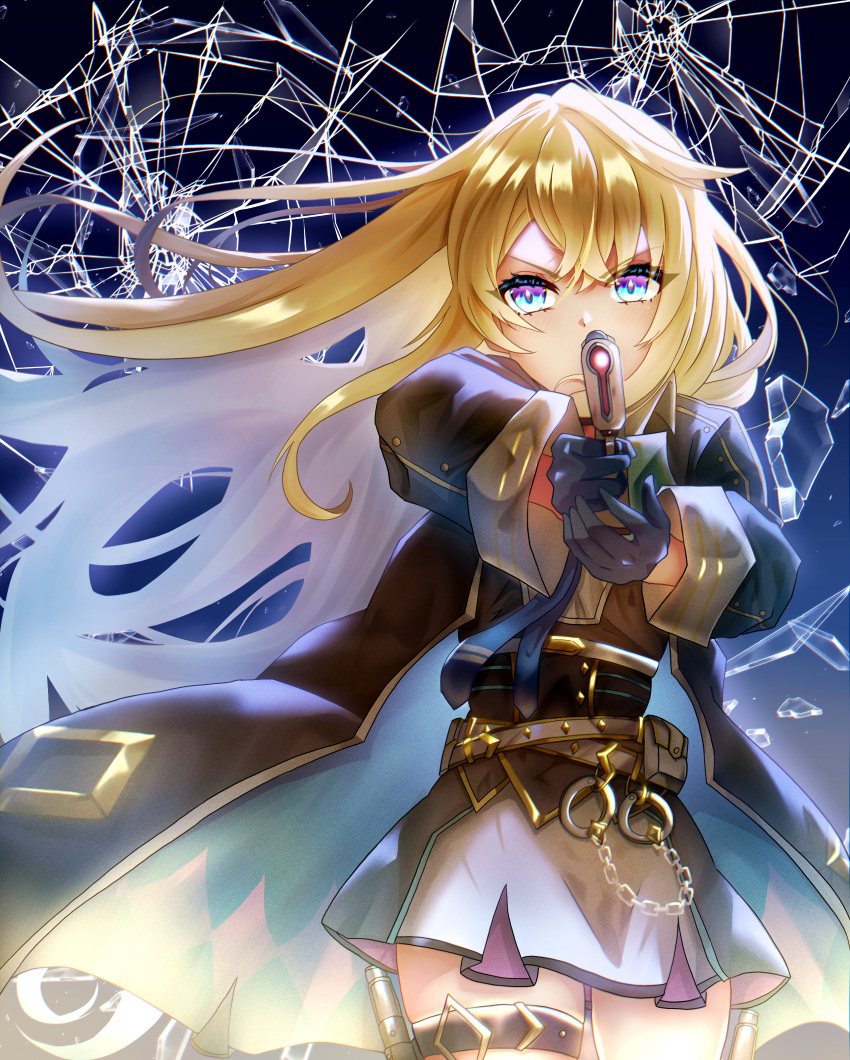1girl, absurdres, aiming, belt, black_coat, black_gloves, blonde_hair, broken_glass