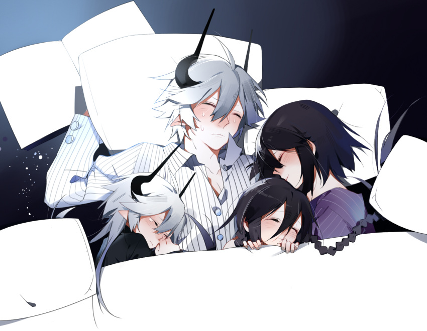 2boys, 2girls, black_hair, braid, closed_eyes, colored_skin, commentary, couple
