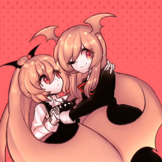 2girls, borealis-3, demon_girl, funamusea, haiiro_teien, holding_hands, long_hair, looking_at_another