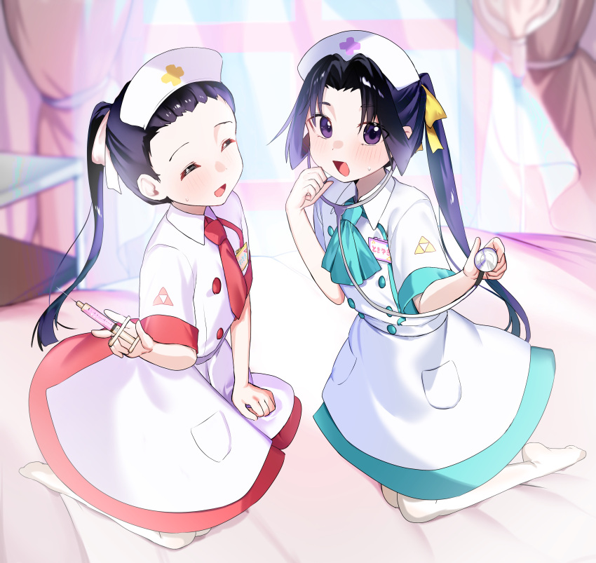 2boys, :d, absurdres, apron, black_hair, blanket, blunt_ends, blurry, blurry_background, blush, buttons, character_name, closed_eyes, collared_dress, contemporary, crossdressing, curled_fingers, curtains, double-breasted, dress, full_body, green_neckerchief, hair_pulled_back, hair_ribbon, hand_on_lap, hand_on_own_cheek, hand_on_own_face, hand_up, highres, holding, holding_stethoscope, holding_syringe, houjou_kunitoki, houjou_tokiyuki_(nige_jouzu_no_wakagimi), infirmary, light_rays, long_hair, looking_at_viewer, maid, maid_headdress, male_focus, medium_dress, mitsu_uroko, multiple_boys, name_tag, neckerchief, necktie, nige_jouzu_no_wakagimi, no_shoes, on_bed, open_mouth, pantyhose, parted_bangs, pome_56, ponytail, red_necktie, ribbon, short_sleeves, sidelocks_tied_back, sitting, smile, stethoscope, sweatdrop, syringe, table, very_long_hair, violet_eyes, white_apron, white_pantyhose, white_ribbon, window, wing_collar, yellow_ribbon, yokozuwari