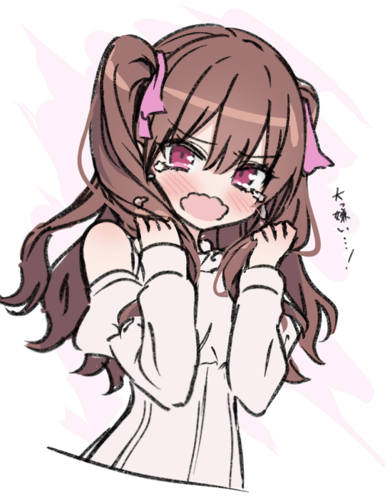 1girl, 2.5_jigen_no_ririsa, blush, brown_hair, commentary_request, cropped_torso, detached_sleeves, dress, grey_dress, grey_sleeves, hair_between_eyes, hair_ribbon, hands_in_hair, hands_up, juliet_sleeves, long_hair, long_sleeves, looking_at_viewer, nogi_lief, open_mouth, pink_eyes, pink_ribbon, puffy_sleeves, ribbon, sleeveless, sleeveless_dress, solo, tachibana_mikari, tears, translation_request, two_side_up, v-shaped_eyebrows, wavy_mouth