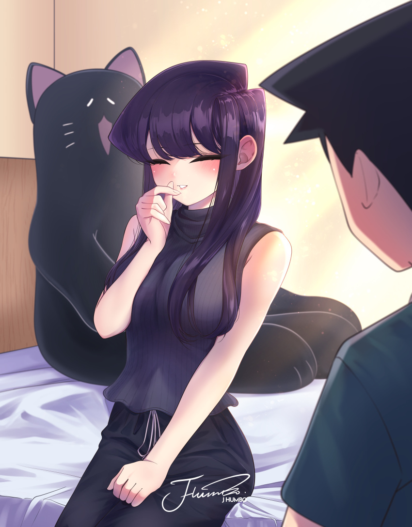1boy, 1girl, absurdres, aqua_shirt, bed, black_hair, black_pants, black_shirt