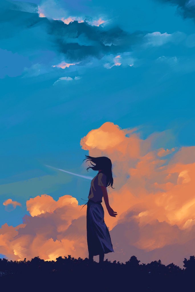 1girl, blue_sky, clouds, cloudy_sky, evening, looking_back, meanstreet, orange_theme