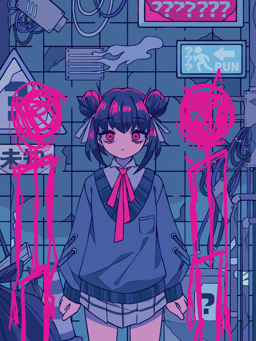 1girl, ?, absurdres, air_vent, arms_at_sides, arrow_(symbol), bow, bowtie, box, broken_tile, cable, cardboard_box, closed_mouth, collared_shirt, commentary, cowboy_shot, dark, double_bun, dress_shirt, earrings, epicanthic_folds, exit_sign, expressionless, grey_ribbon, grey_shirt, grey_skirt, grey_sweater, hair_bun, hair_ribbon, hair_up, highres, jewelry, lead_pipe, long_sleeves, looking_at_viewer, melonbread, multiple_earrings, neck_ribbon, original, pleated_skirt, red_bow, red_bowtie, red_eyes, red_light, red_ribbon, ribbon, road_sign, school_uniform, scribble, security_camera, shirt, sign, single_horizontal_stripe, skirt, smoke, solo, standing, stick_figure, straight-on, stud_earrings, sweater, symbol-only_commentary, tile_wall, tiles, traffic_cone, trash, trash_bag, v-neck