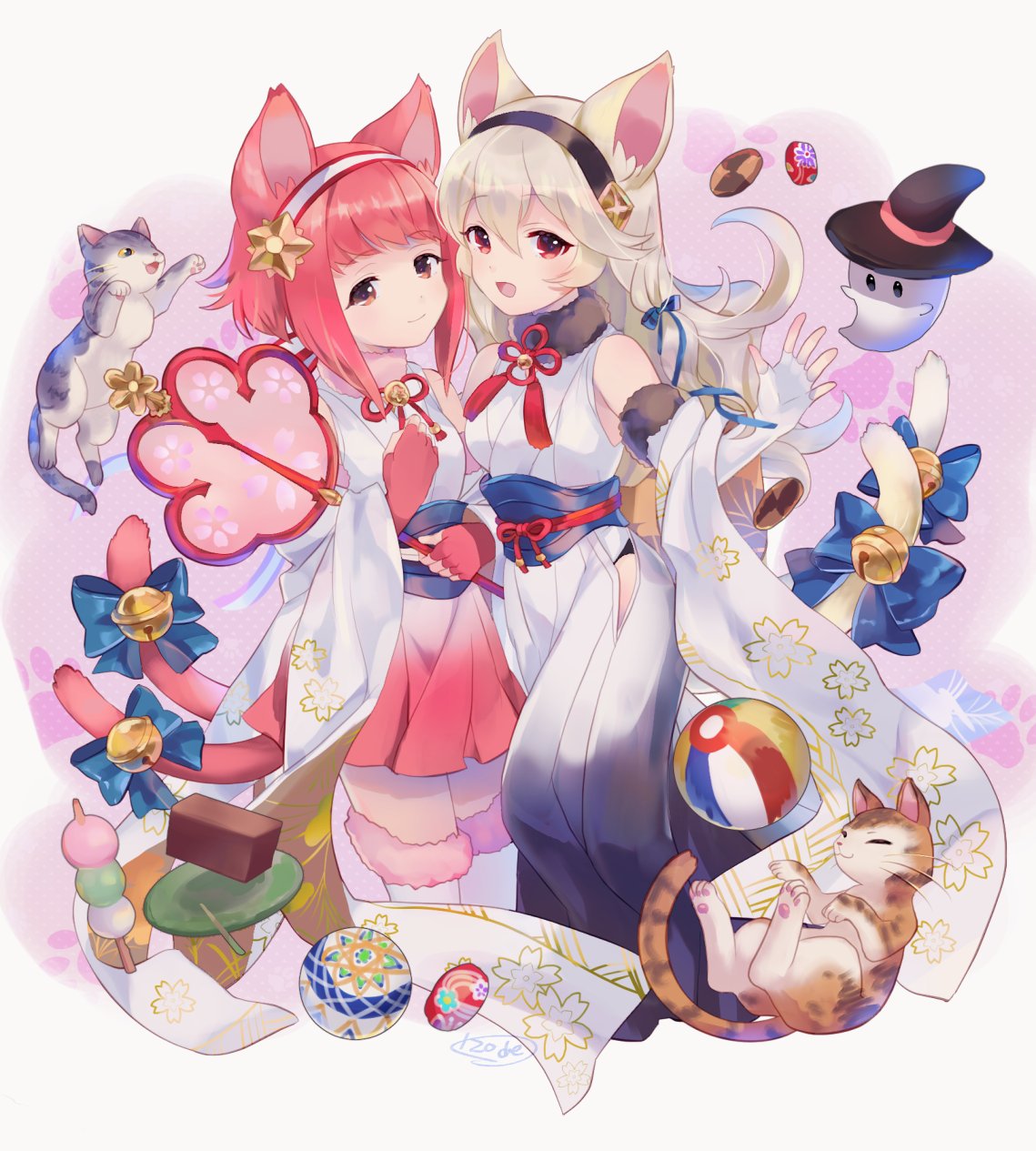 2girls, animal_ears, bell, cat, cat_ears, cat_paw, cat_tail, cookie